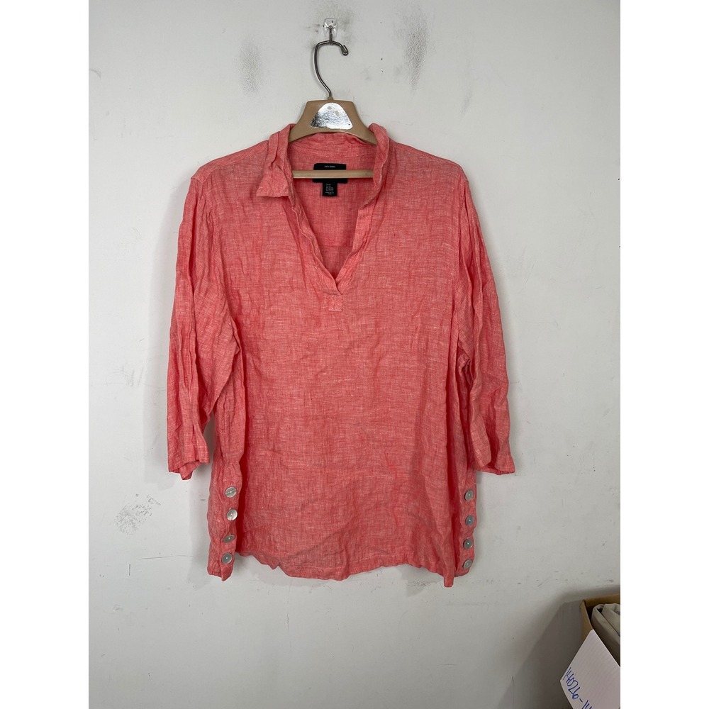 Tahari‎ Womens 2X Coral Pink 100% Linen Tunic Top 3/4 Sleeve Side Button Detail